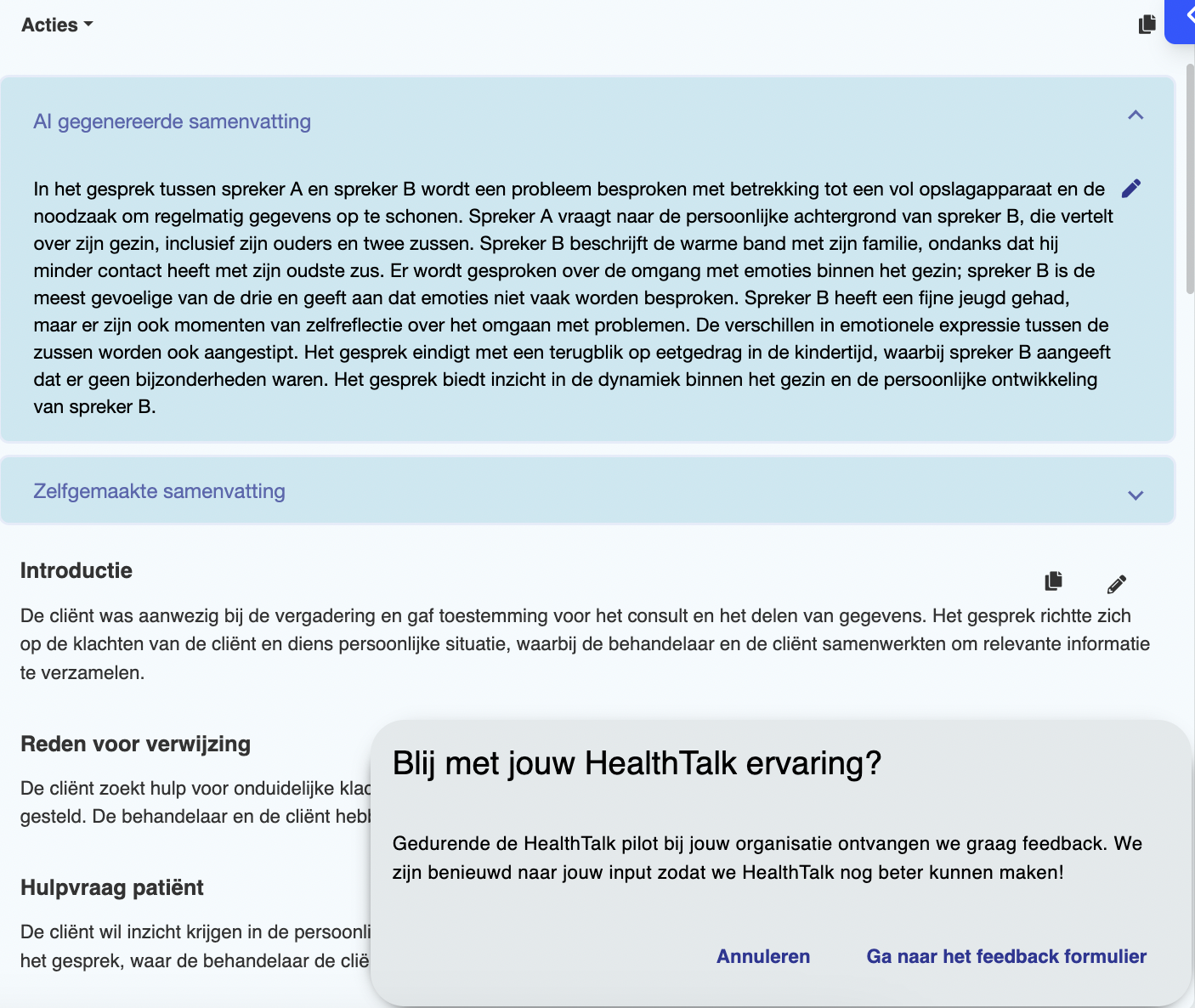 Feedback pop-up